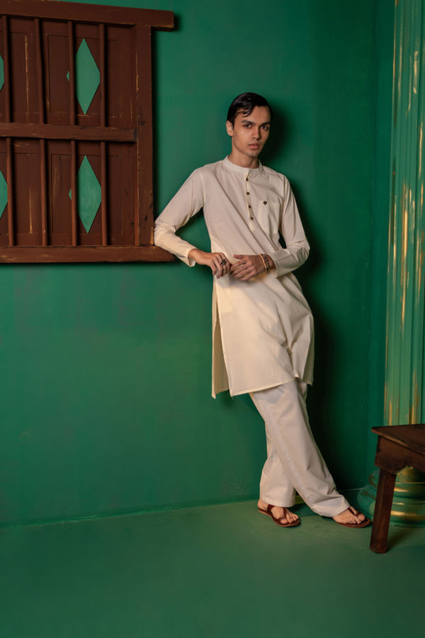 Men's Plain Long Cotton Kurta - Full Sleeve | Ivory Aura
